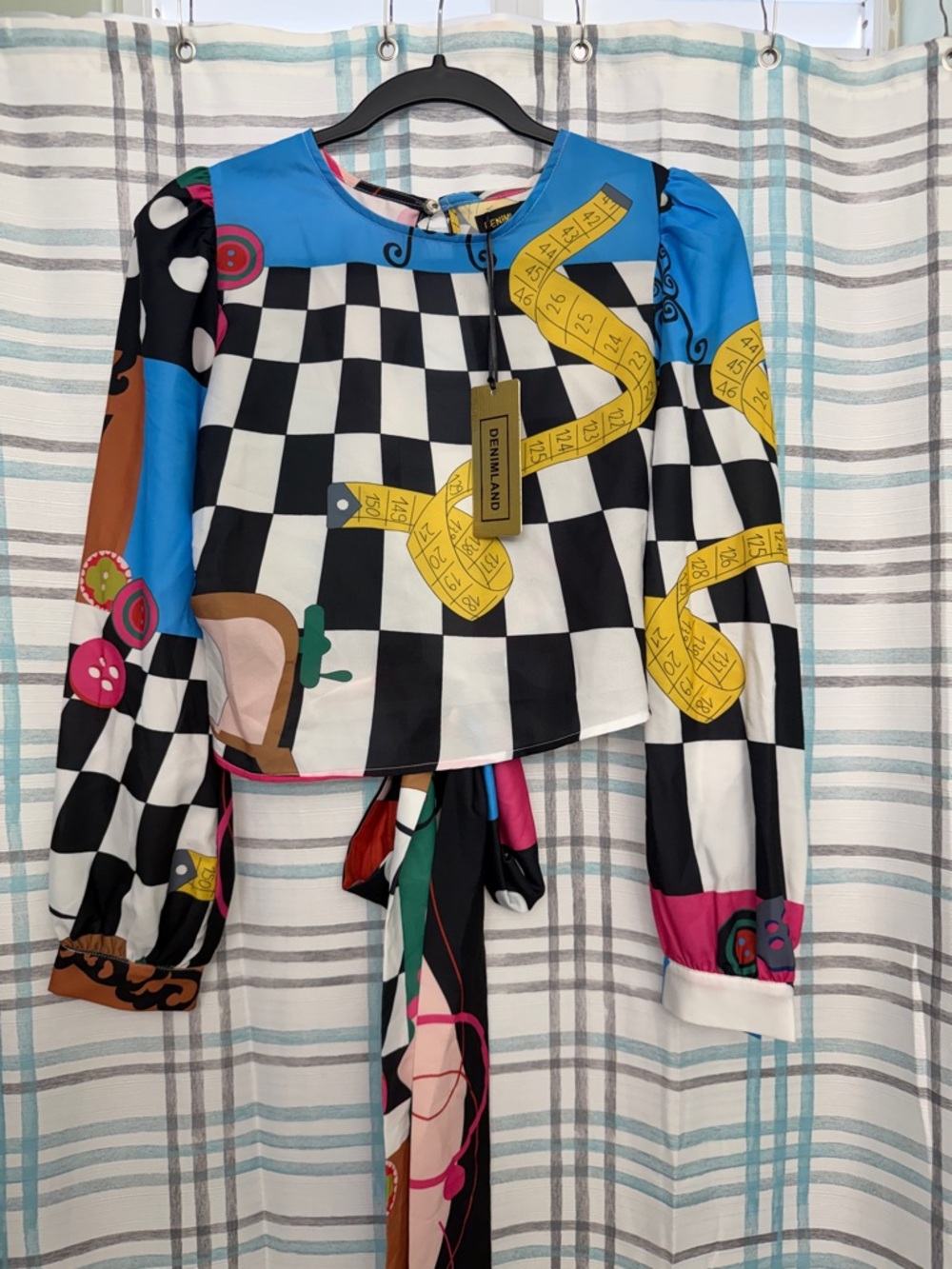 Checkerboard Tie-Front Top with Playful Tape-Measure Motif